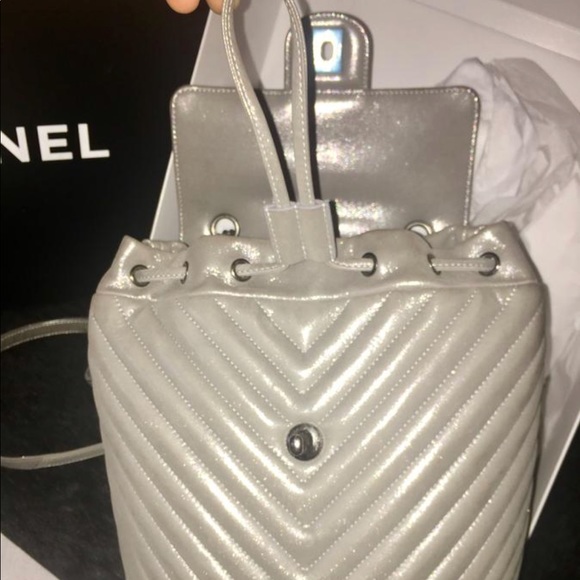 Authentic Silver Chevron Metallic Chanel Backpack - Picture 5 of 8